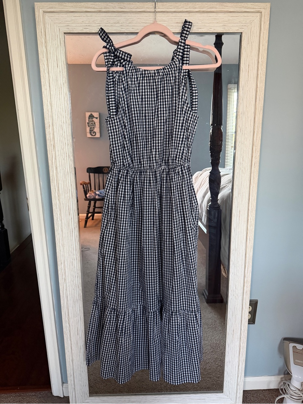 J. Crew Black and White Gingham Tie-Shoulder Midi Dress size 6 NWOT